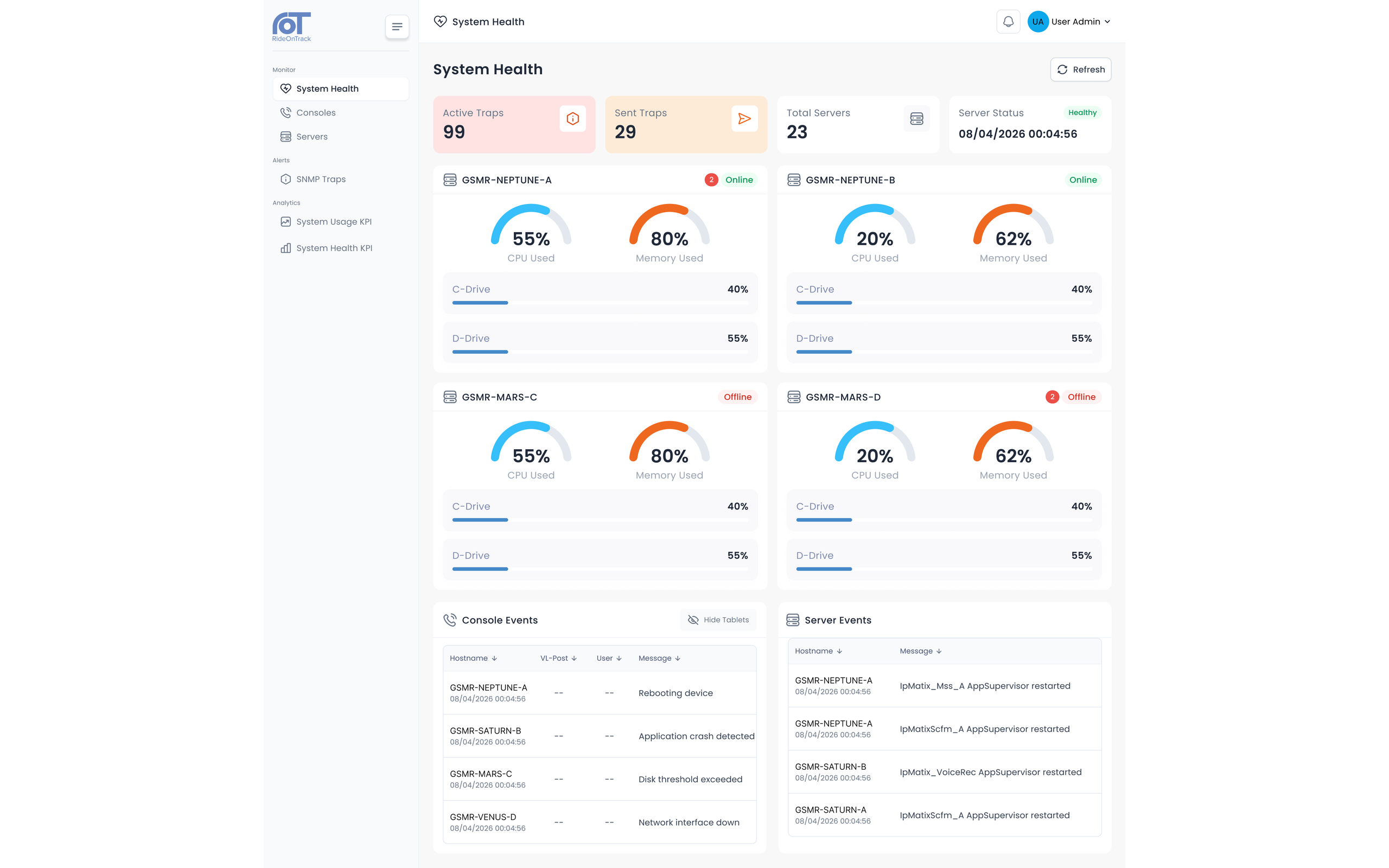 VisionX System Health dashboard
