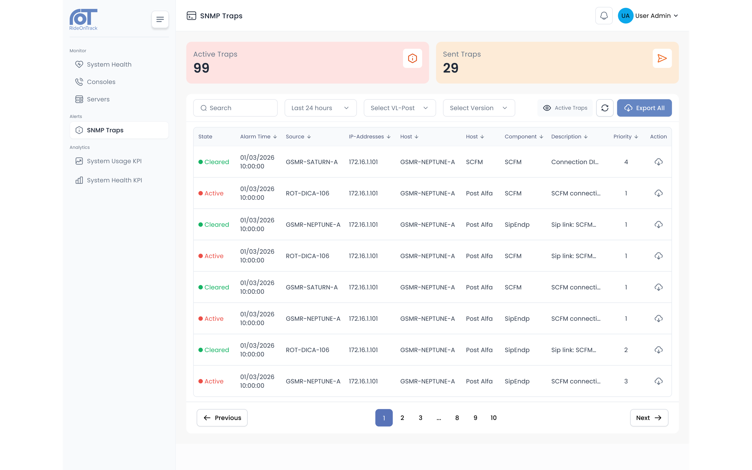 VisionX SNMP trap list
